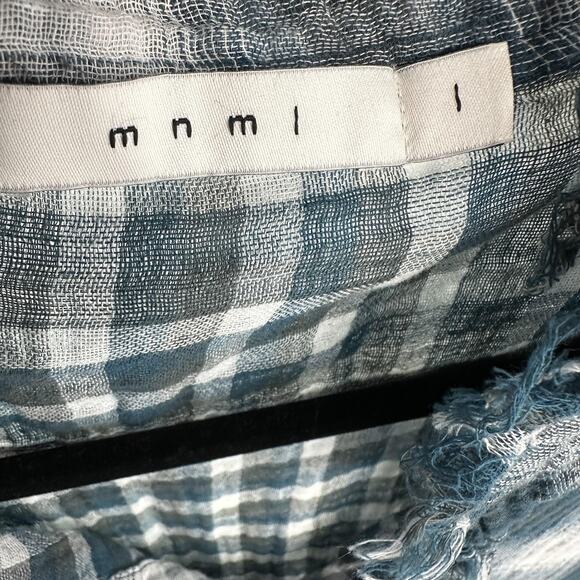 mnml Shirt Womens Large Blue Gray Plaid Frayed Gauze Distressed Button Up Top - Picture 6 of 10
